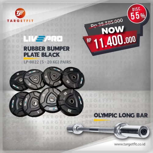 Promo Livepro Rubber Black Bumper Plate (5 - 20 KG) + Olympic Long Bar